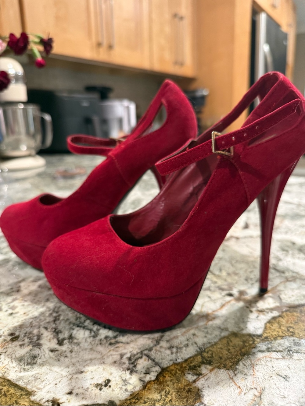 Red Suede High Heel Pumps with Ankle Strap
